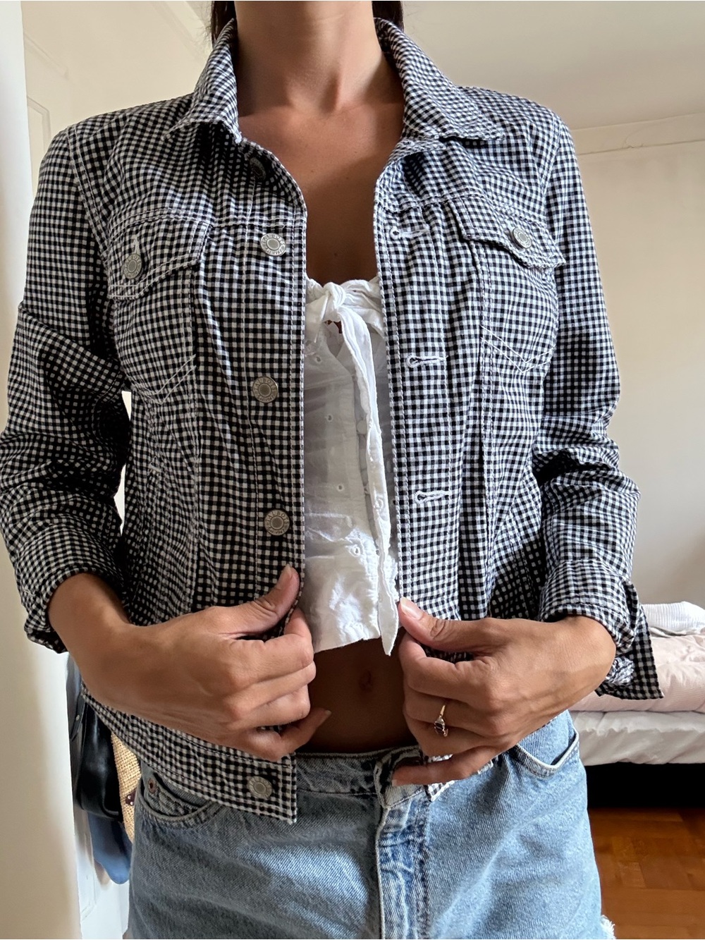 Talbots Black & White Gingham Jean Jacket